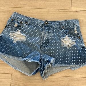 One Teaspoon Blue Distressed Polka Dot Jean Shorts